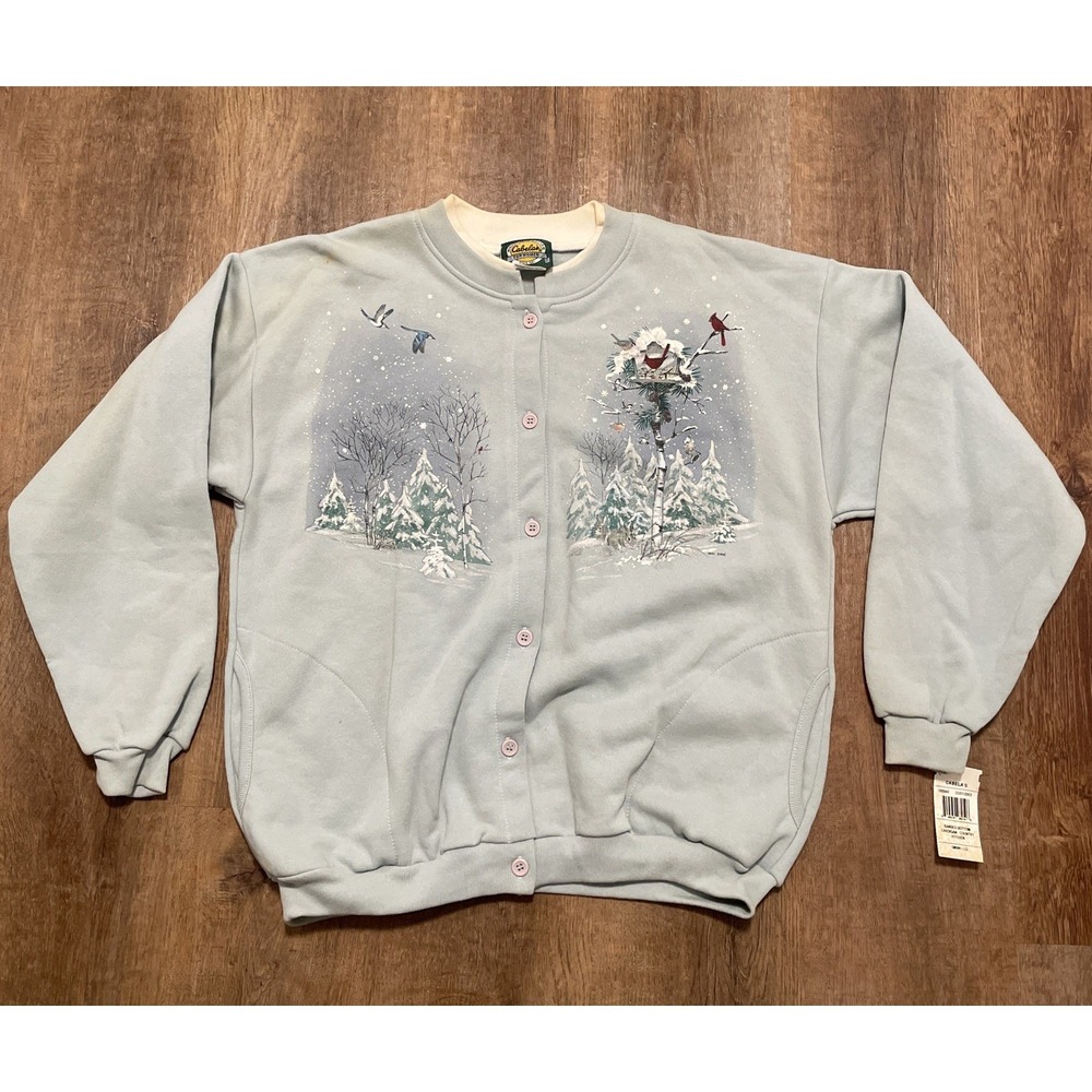 Vtg Cabelas For Women Cardigan Sweatshirt Womens L Snow Winter Birds Bunny NOS - Picture 2 of 16